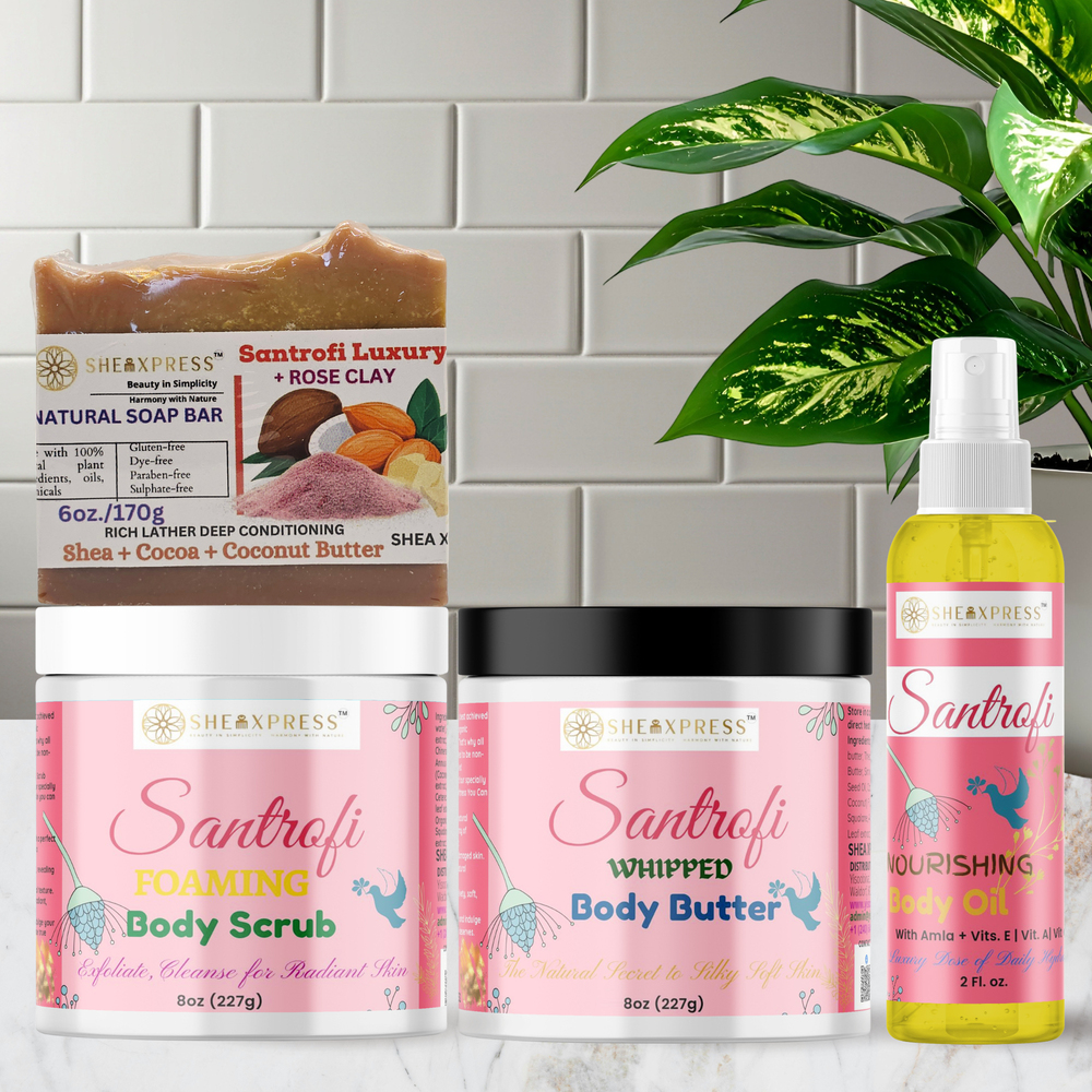 Santrofi Rose Clay Luxury Care Collection featuring natural rose clay soap, foaming body scrub, whipped body butter, and nourishing body oil