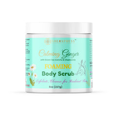 Calming Ginger Foaming Body Scrub 8 oz jar with green tea and chamomile botanical design