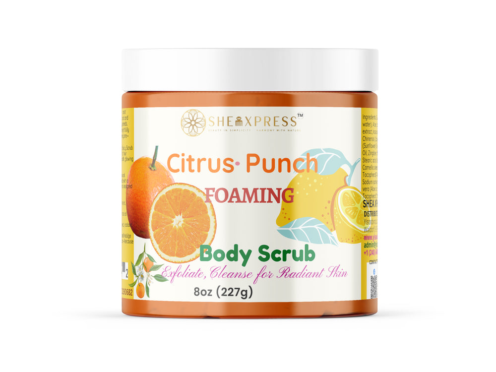 Citrus Punch Foaming Body Scrub by SheaXpress in 8 oz jar with orange and lemon design for exfoliating and radiant skin