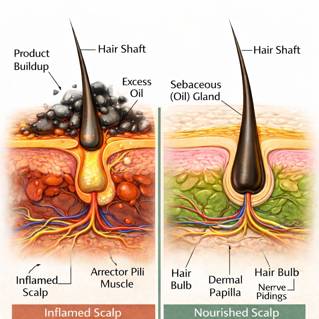 Hair follicle diagram comparing inflamed scalp with product buildup and excess oil versus a healthy nourished scalp with balanced sebaceous gland and strong hair growth support.