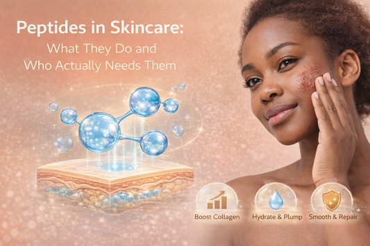 Illustration showing peptides interacting with the skin barrier, highlighting collagen support, hydration, and repair for healthy, resilient skin.