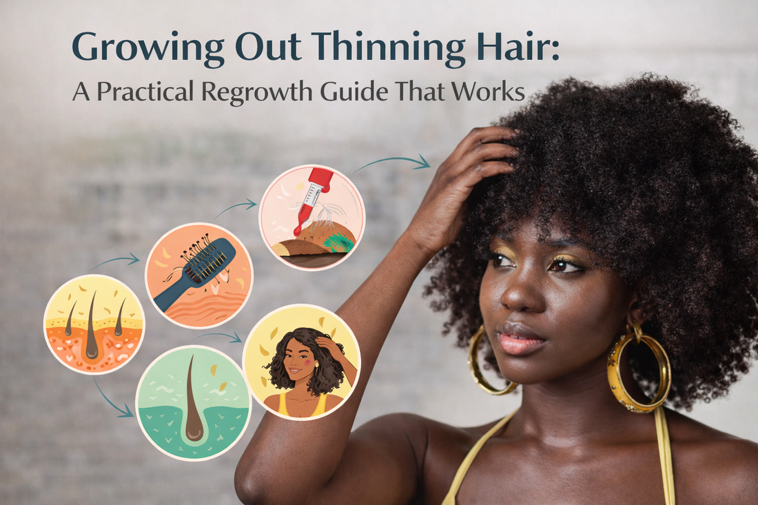 A woman with natural curly hair gently touching her scalp, illustrating hair thinning recovery and fully restored regrowth stages.