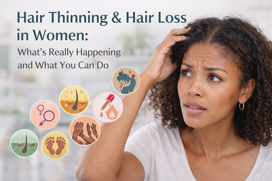 SheaXpress Close-up of a woman over 35 gently touching her scalp with a concerned expression, illustrating hair thinning and hair loss in women, with visual icons representing hormones, stress, and aging-related causes.