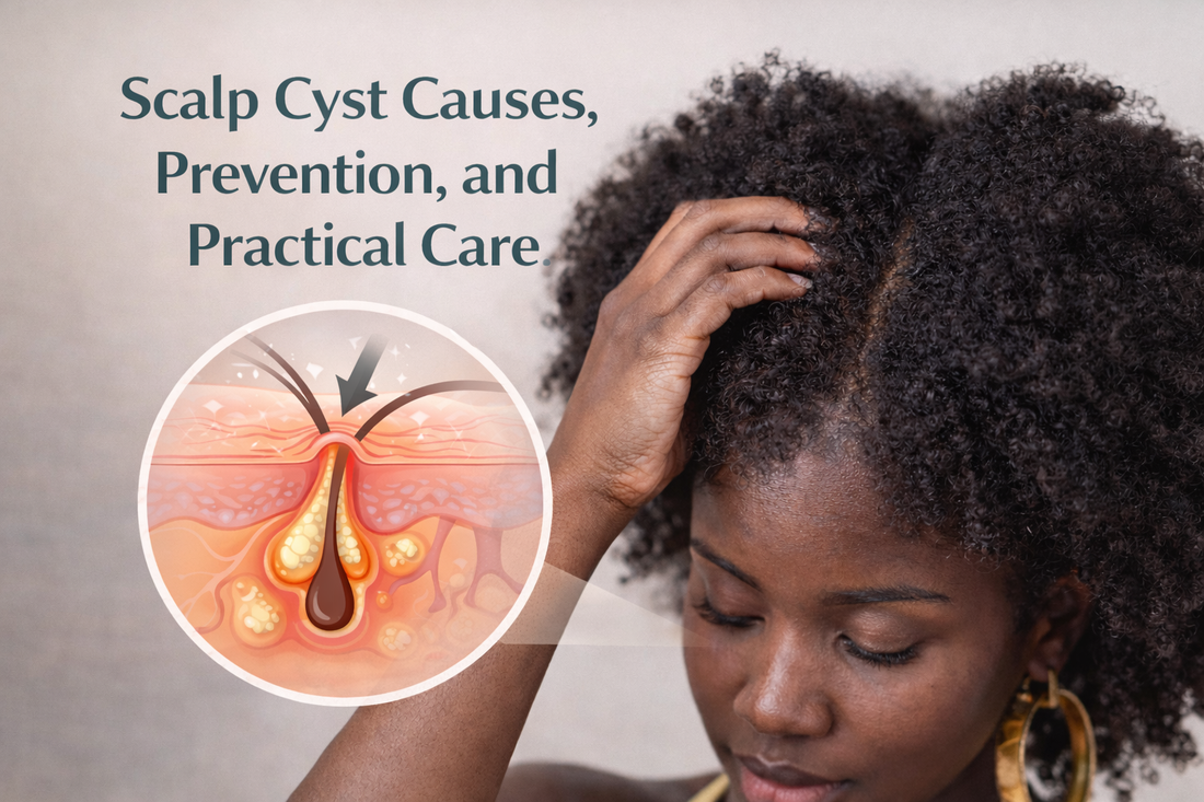 Black woman gently parting tightly coiled hair to examine her scalp, with an illustration showing a blocked hair follicle and scalp cyst formation for educational purposes.