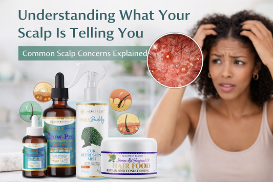 Educational scalp health graphic illustrating common scalp concerns including itchiness, buildup, dryness, oil imbalance, and inflammation with SheaXpress scalp care products