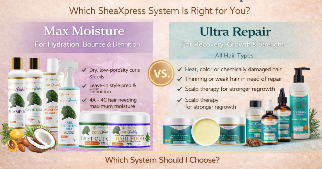 Side-by-side comparison of SheaXpress Max Moisture and Ultra Repair hair care systems showing products for hydration, curl definition, and damage repair.