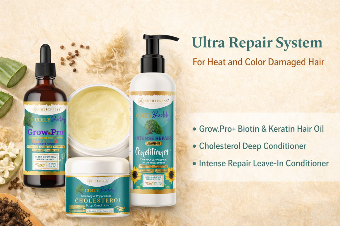 SheaXpress Ultra Repair Hair Care System featuring Grow.Pro+ oil, cholesterol deep conditioner, and intense repair leave-in for heat and color damaged hair.