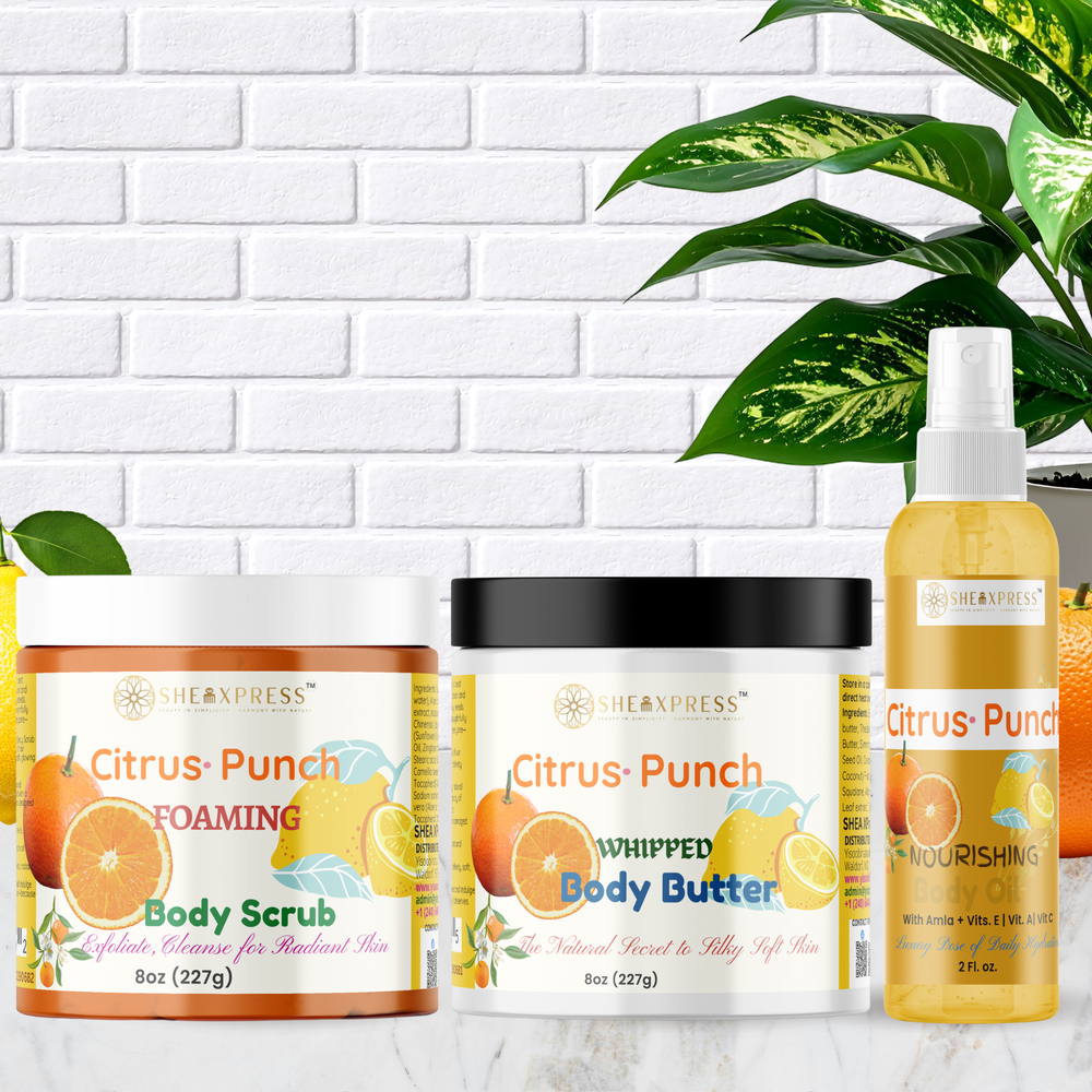 Citrus Punch Luxury Care Collection with body scrub, whipped body butter, and nourishing body oil