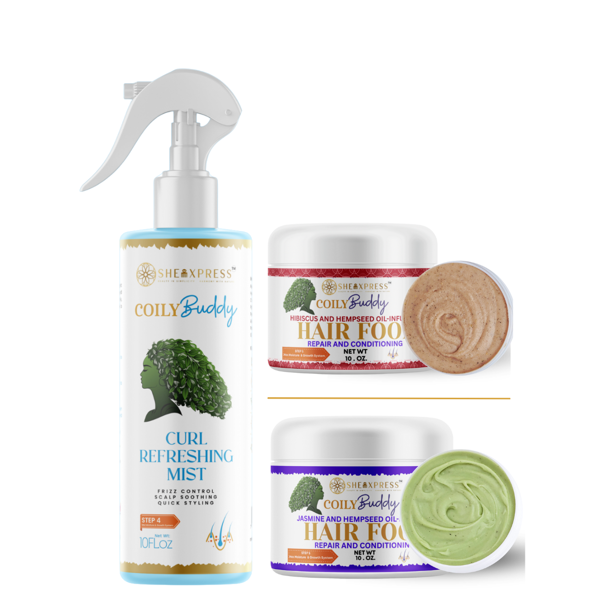 CoilyBuddy Off-Wash Refresh Duo: Curl Refreshing Mist with Jasmine or Hibiscus Hair Food
