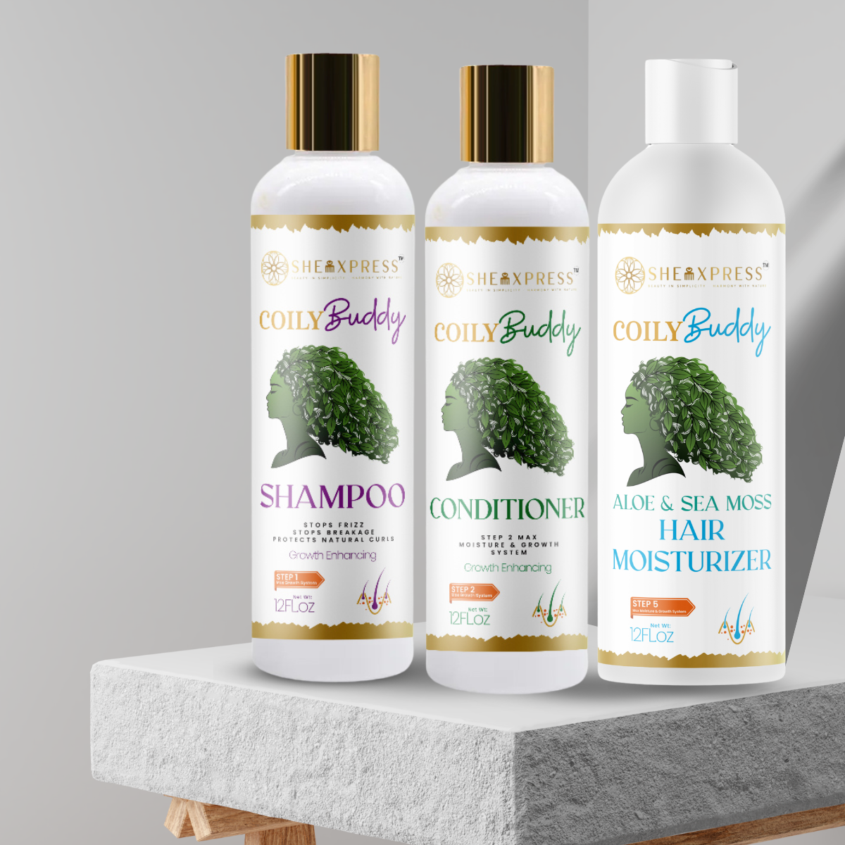 CoilyBuddy Wash and Go Trio: Shampoo, Conditioner and Aloe and Sea Moss Hair Moisturizer