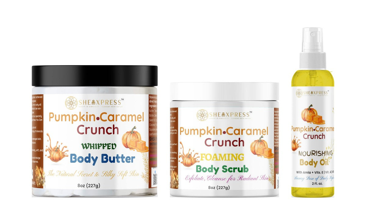 Pumpkin Caramel Crunch Whipped Body Butter, Foaming Sugar Scrub and 2 oz Body Oil