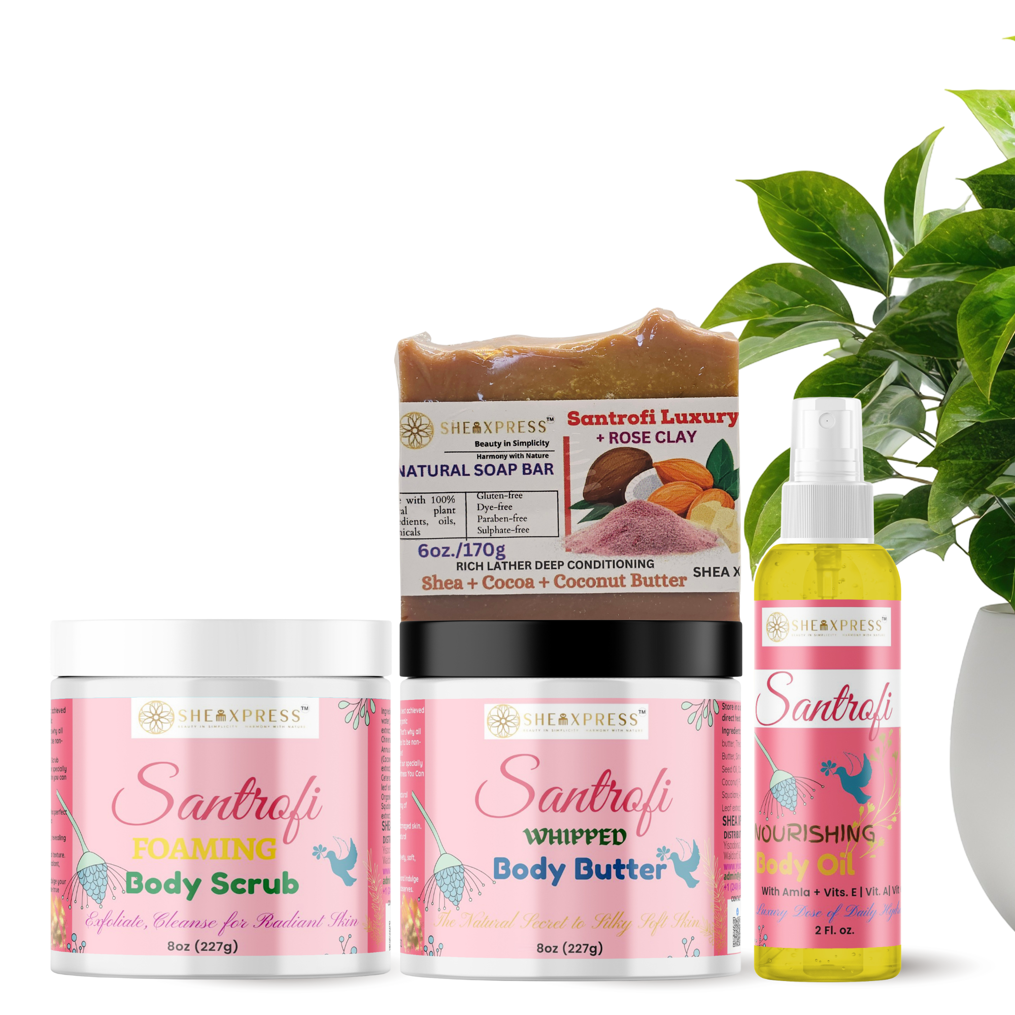Santrofi Rose Clay Luxury Care Collection featuring natural rose clay soap, foaming body scrub, whipped body butter, and nourishing body oil