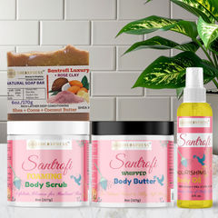 Santrofi Rose Clay Luxury Care Collection featuring natural rose clay soap, foaming body scrub, whipped body butter, and nourishing body oil