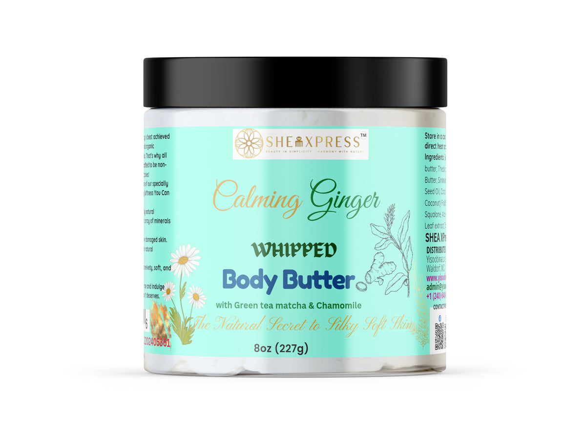 Calming Ginger Whipped Body Butter with matcha and chamomile deeply hydrates and softens skin.