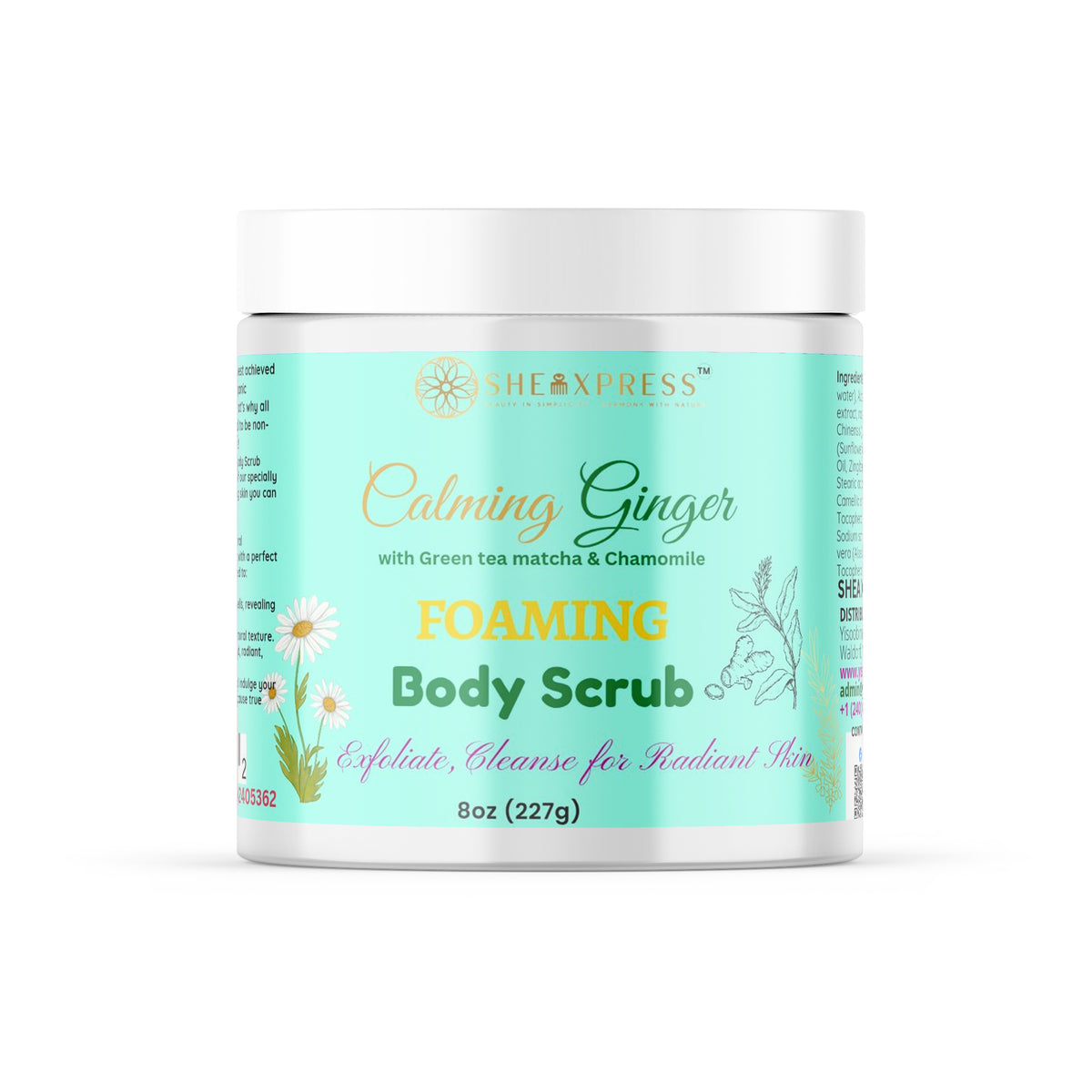 Calming Ginger Foaming Body Scrub 8 oz jar with green tea and chamomile botanical design