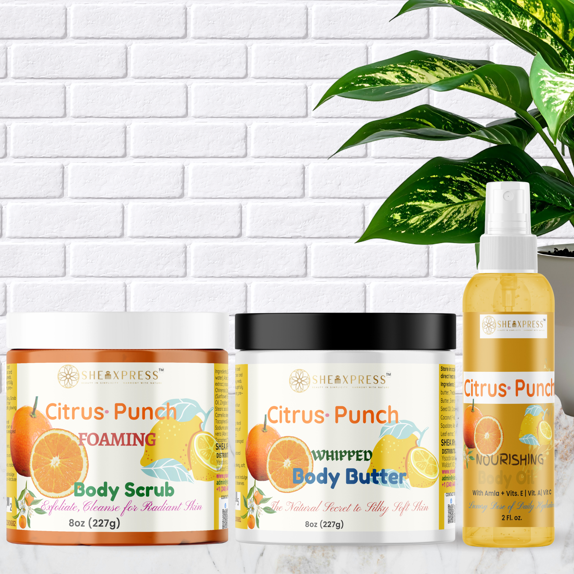 SheaXpress Citrus Punch foaming scrub, whipped body butter, and vitamin-rich body oil