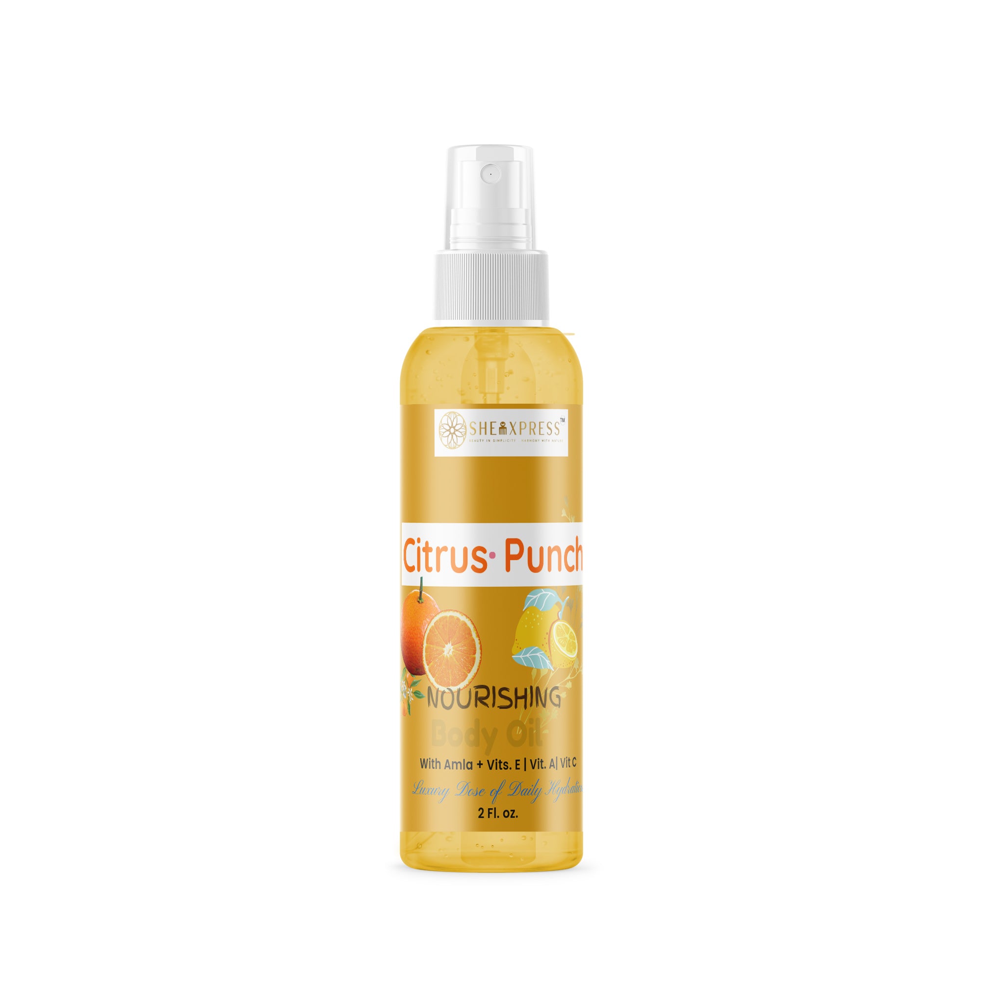 Citrus Punch Nourishing Body Oil by SheaXpress 2 fl oz bottle with citrus label for radiant glowing skin