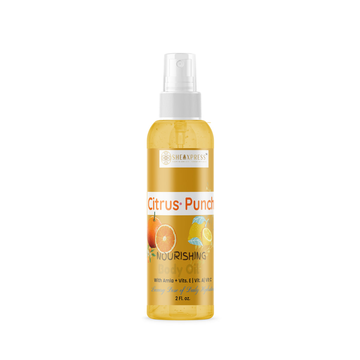 Citrus Punch Nourishing Body Oil by SheaXpress 2 fl oz bottle with citrus label for radiant glowing skin