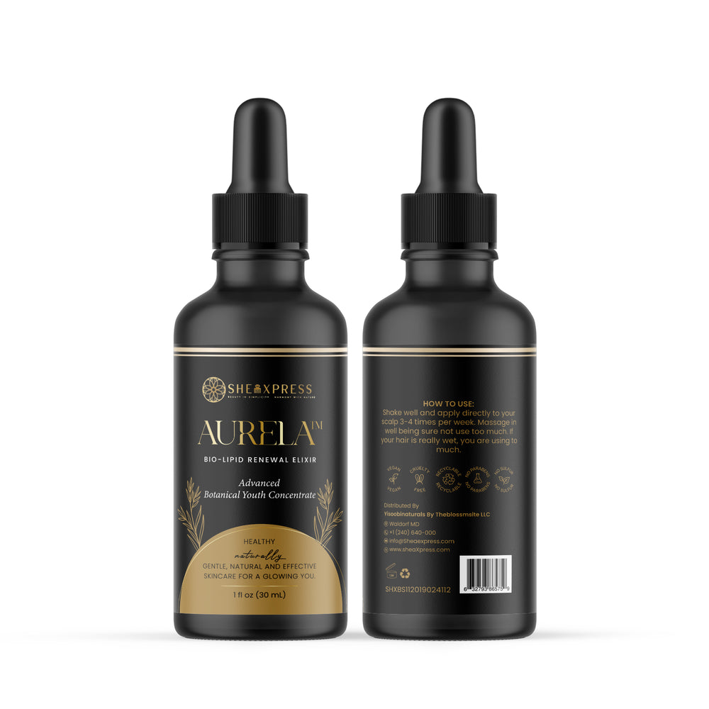 AURELA Bio-Lipid Renewal Elixir front and back packaging showing ingredients and usage directions