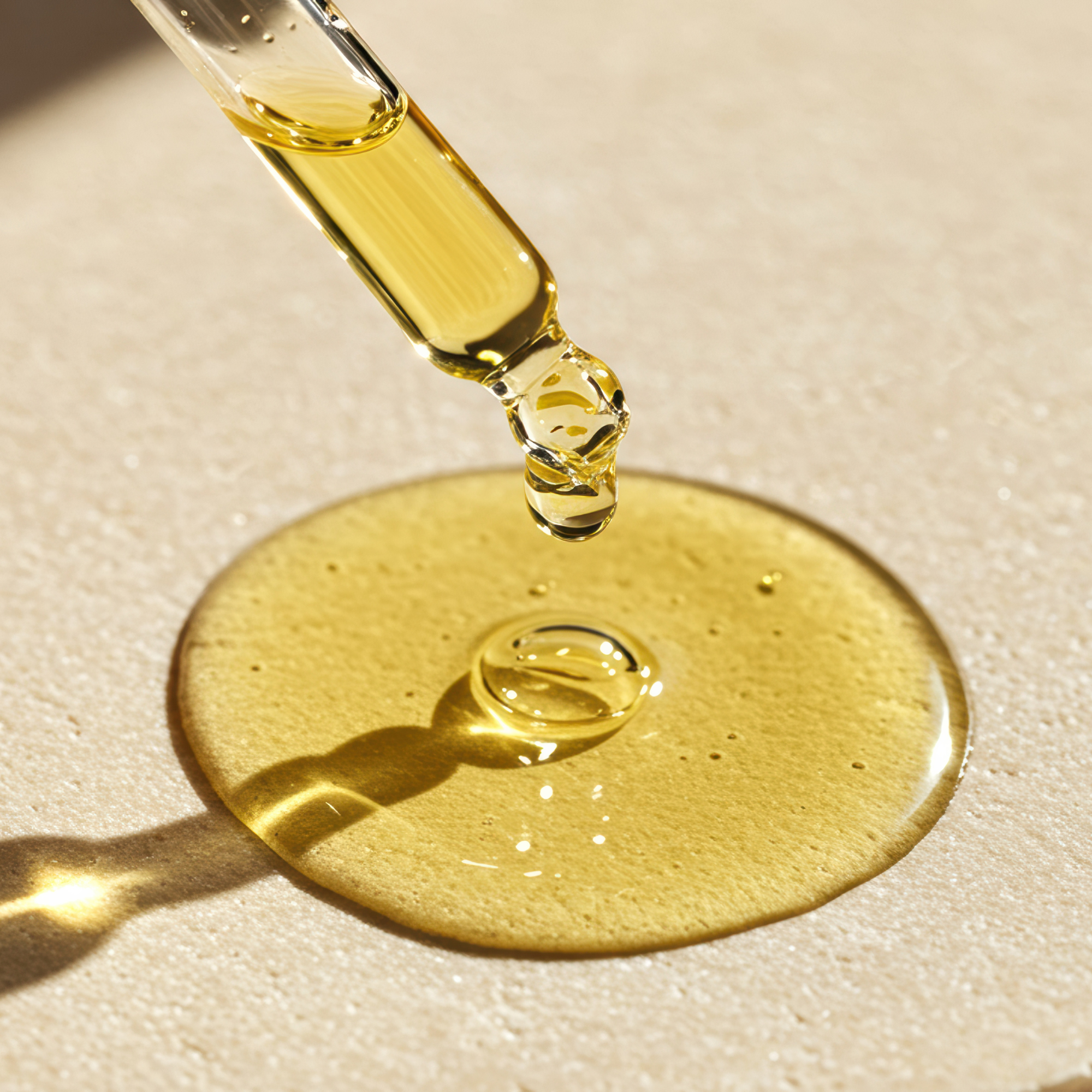 Close up macro of golden bio-lipid facial oil drop showing rich texture and viscosity