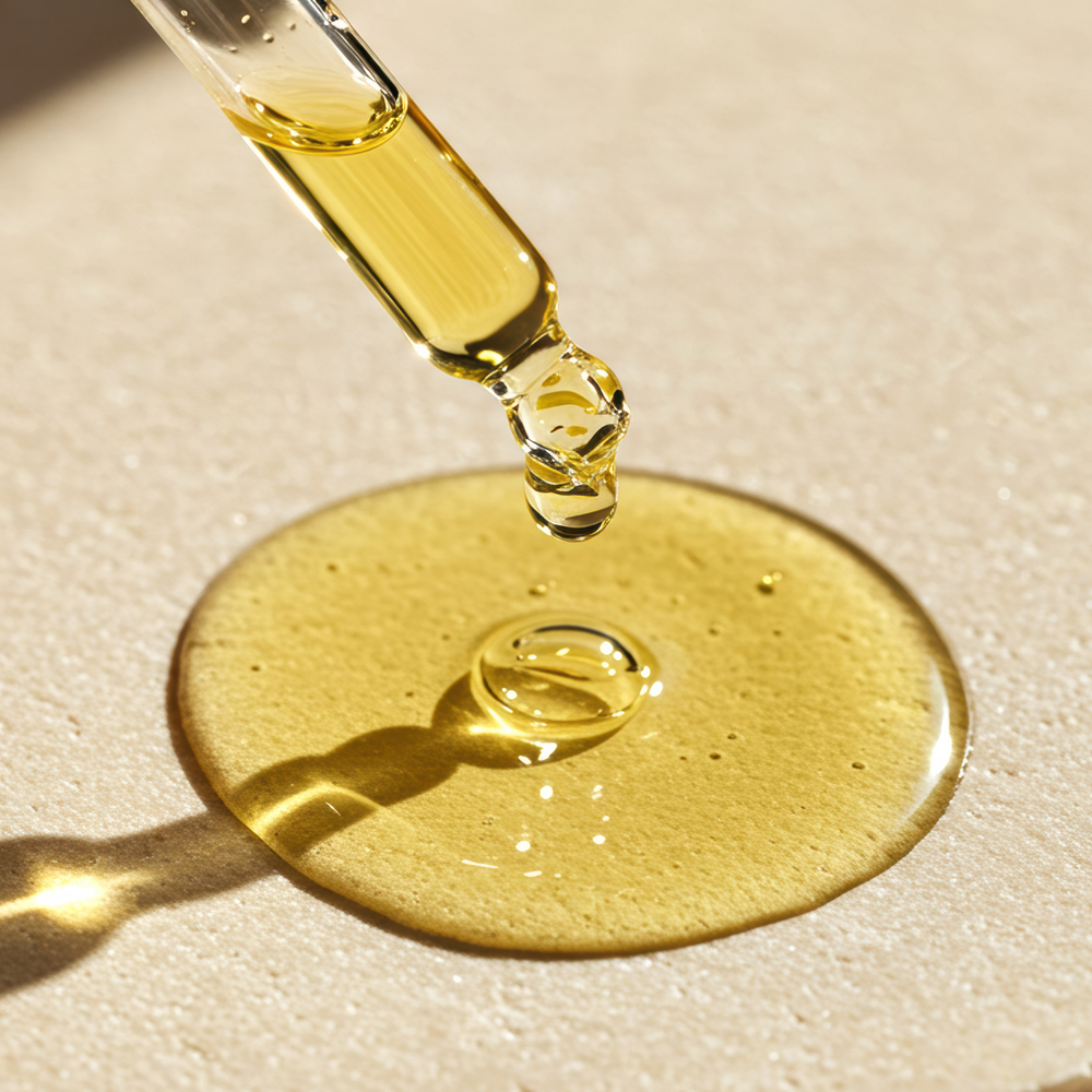 Close up macro of golden bio-lipid facial oil drop showing rich texture and viscosity